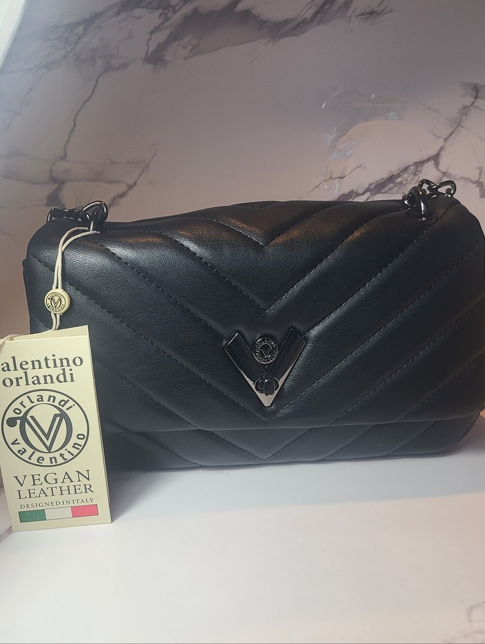 Valentino Orlandi Black Chevron Quilted Shoulder Bag with Chain Strap